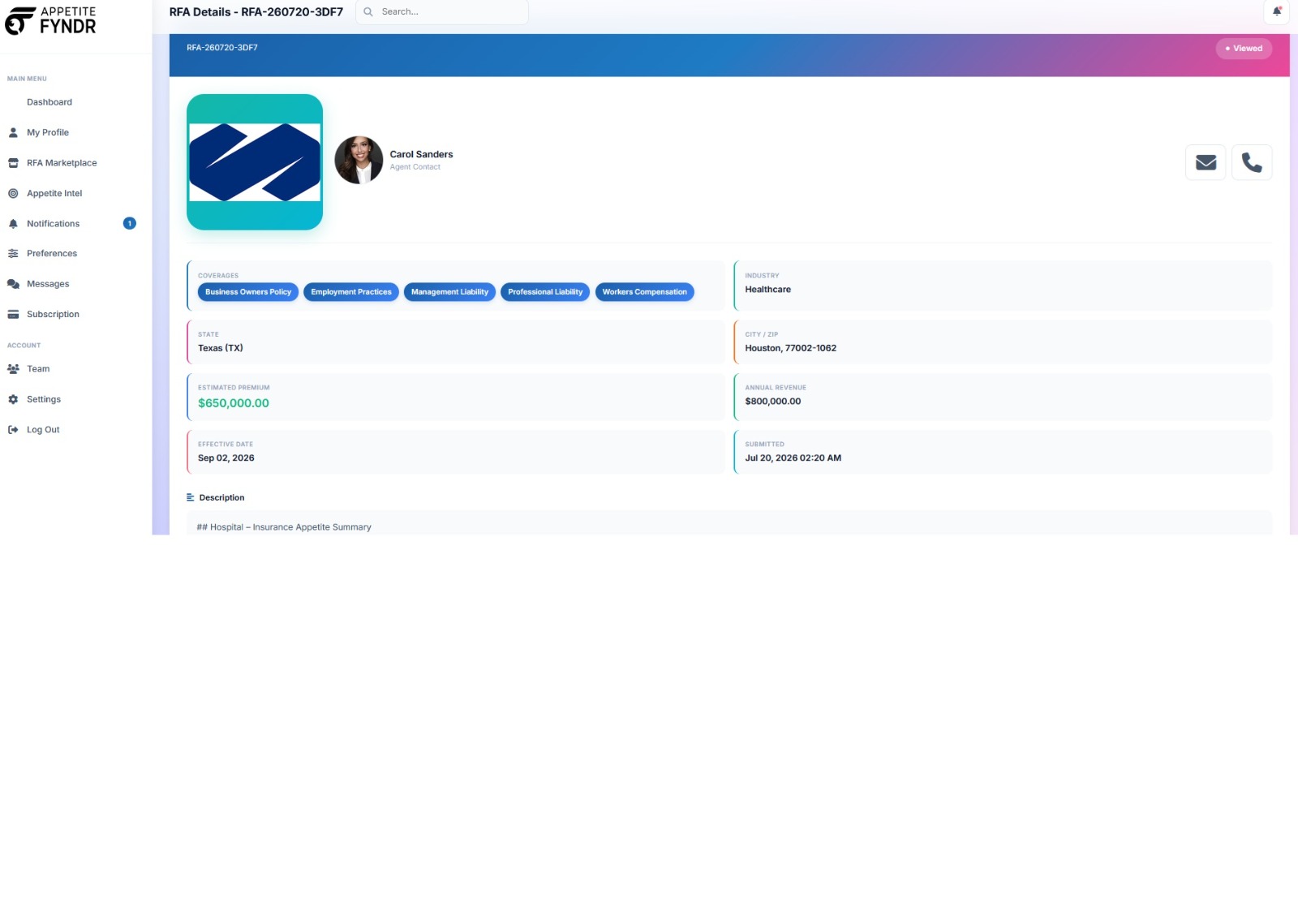 RFA detail view with coverages, premium, and agency contact