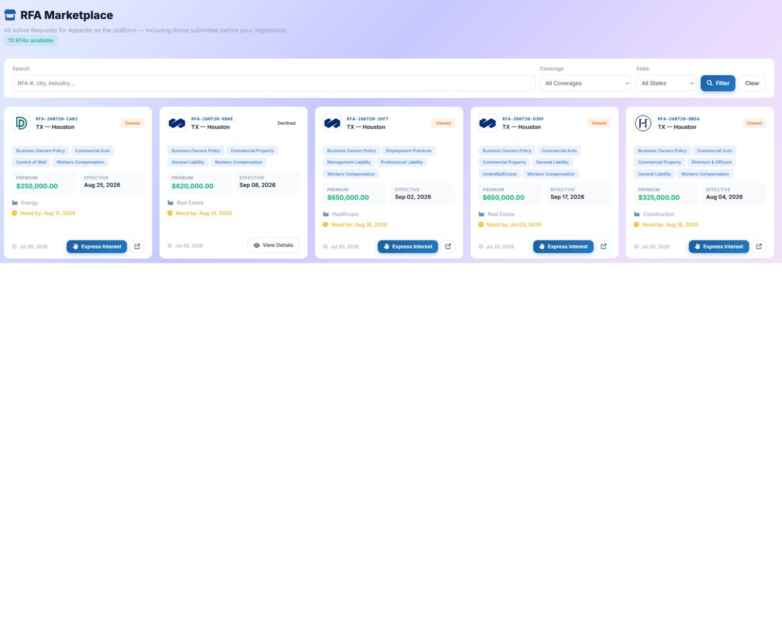 RFA Marketplace — browse every active Request for Appetite