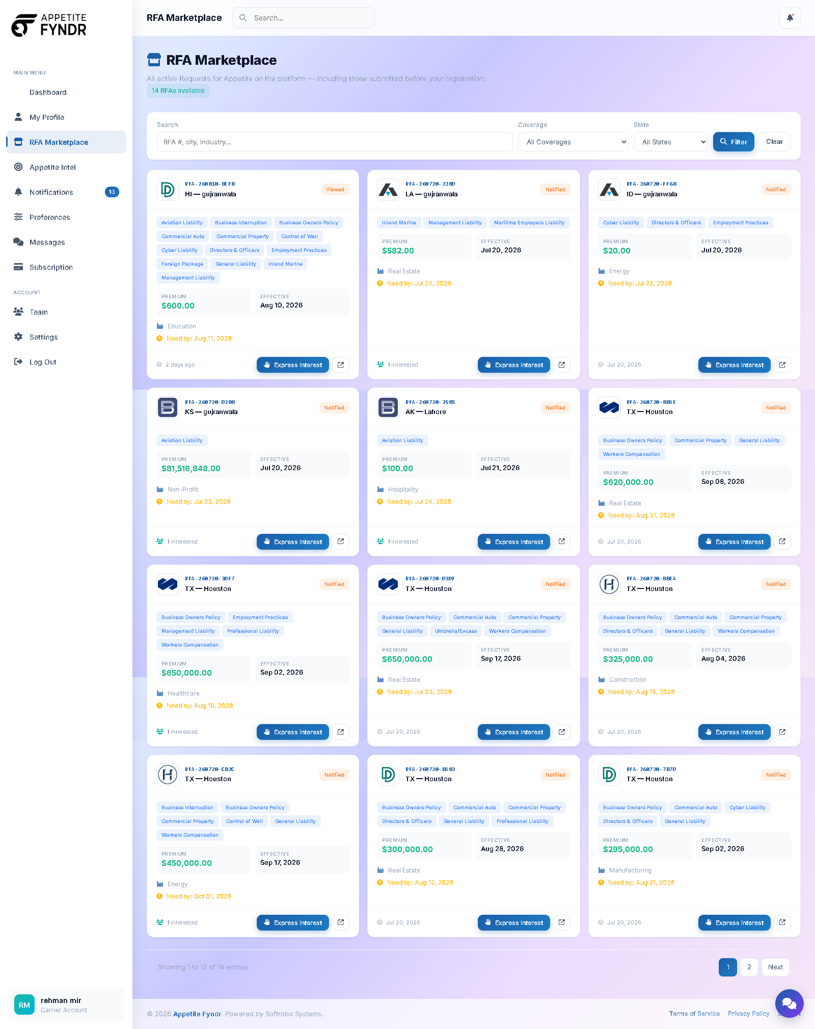 RFA Marketplace grid used by carriers